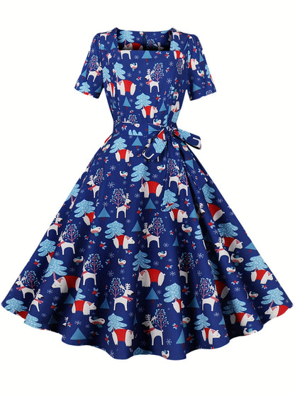 Freya - Vintage A Line Dress with Christmas Santa Print and Squared Neck for Women