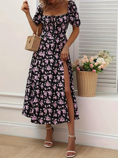 Chloe - Puff Sleeve Dress with Floral Print and Chic Split Hem for Women