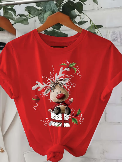 Zoe - Casual T-Shirt with Festive Christmas Reindeer Graphic Print for Women