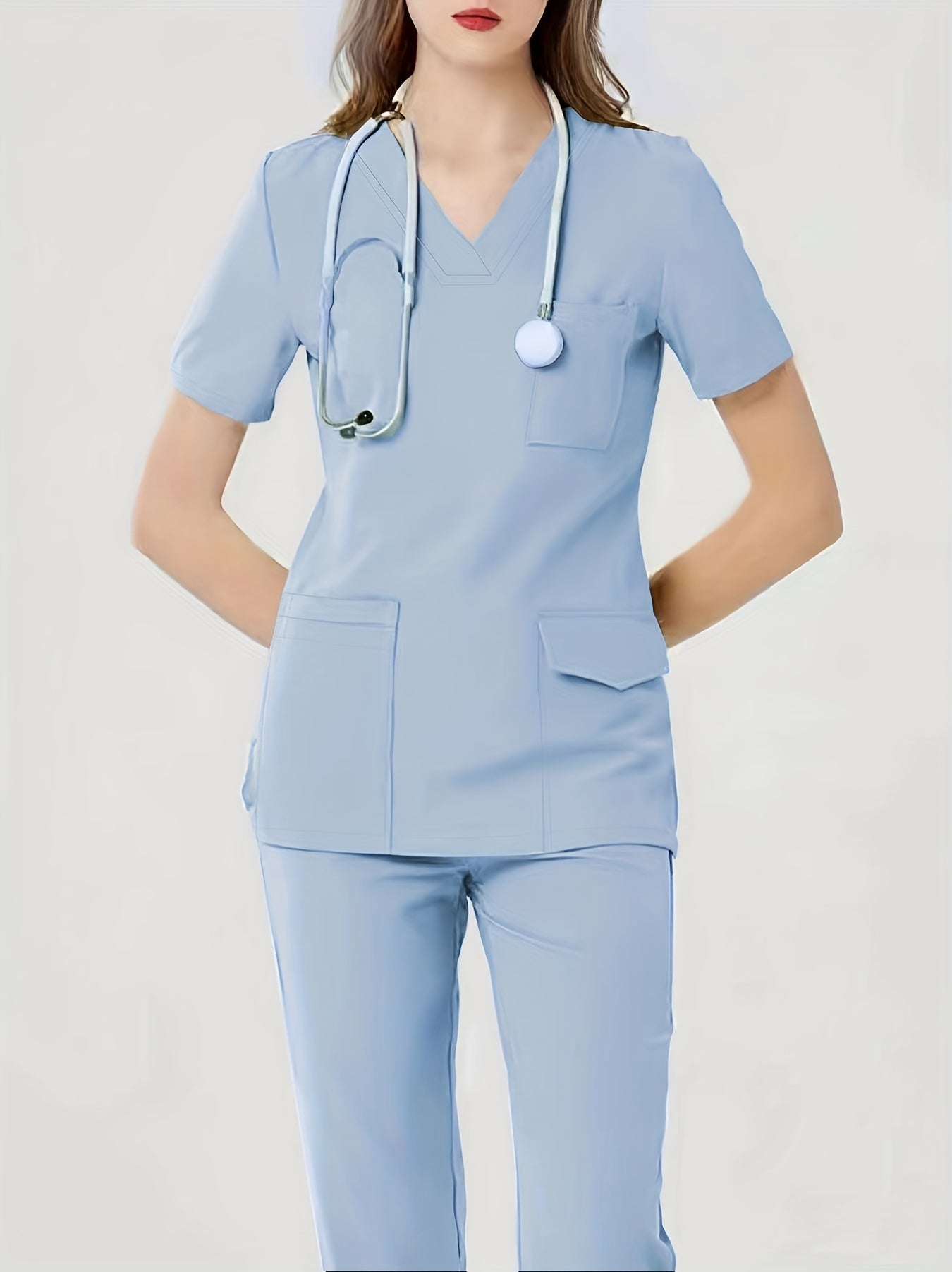 Grace - Health Care Uniform Set with Pockets V-neck Top and Matching Pants for Women