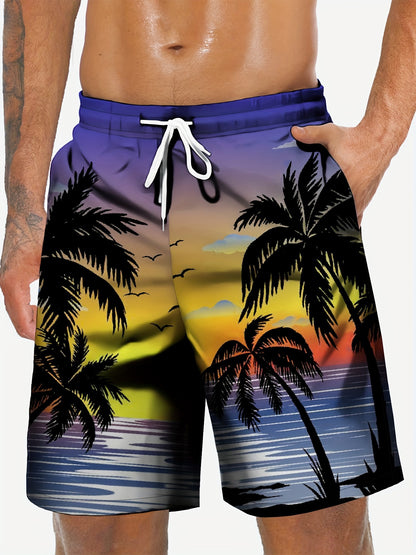 Owen - 3pcs Hawaiian Shorts with Drawstring and Fancy Palm Tree Prints for Men