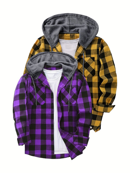 Harper - 2pcs Set Plaid Pattern Hooded Jacket  with Long Sleeve Button Up and Pockets for Men