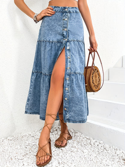 Edith - Midi Denim Skirt with Tiered Layered Ruffle and Split Front for Women