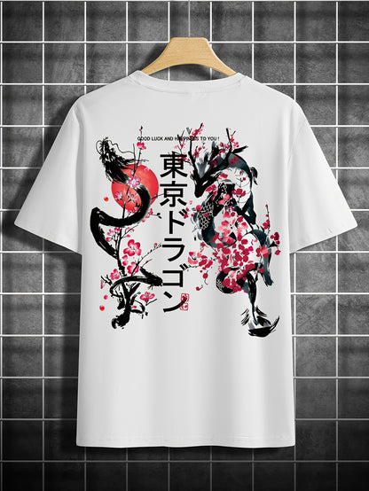 Roland - Casual Short Sleeve T-Shirt with Tokyo Dragon Print for Men