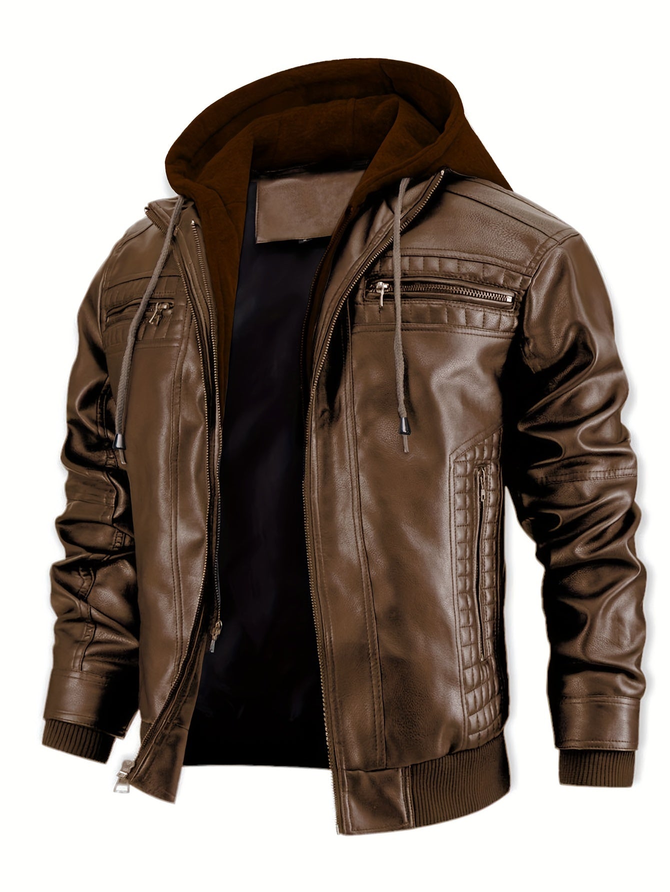 Damon - Casual 2-in-1 PU Leather Jacket with Zipper Up and Detachable Hood for Men