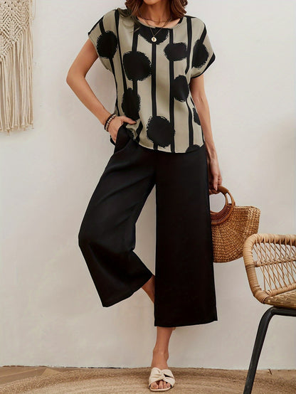 Evelyn - Elegant Outfit Set with Batwing Sleeve Blouse and Slant Pocket Wide Leg Cropped Pants for Women