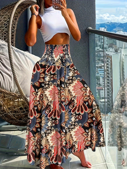 Emily - Shirred Waist Boho Pants with Floral Print and High Waist for Women