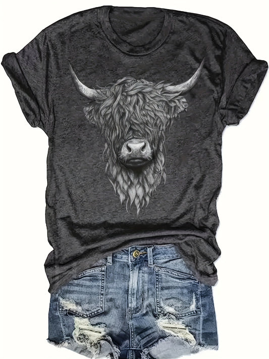 Millie - Cow Head Print T-shirt with Short Sleeve and Crew Neck for Women