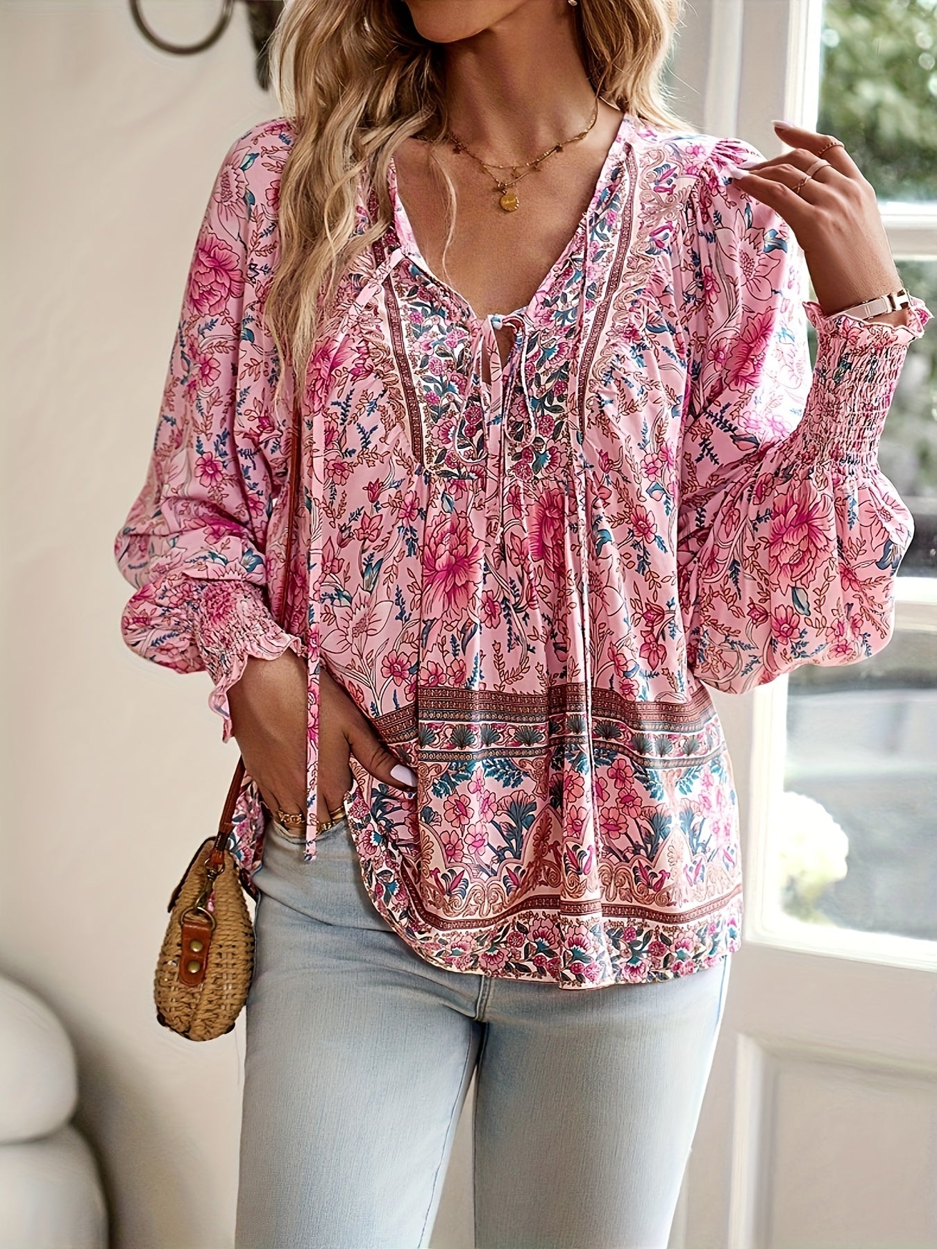 Betty – Floral Lantern Sleeve Tie Shirt