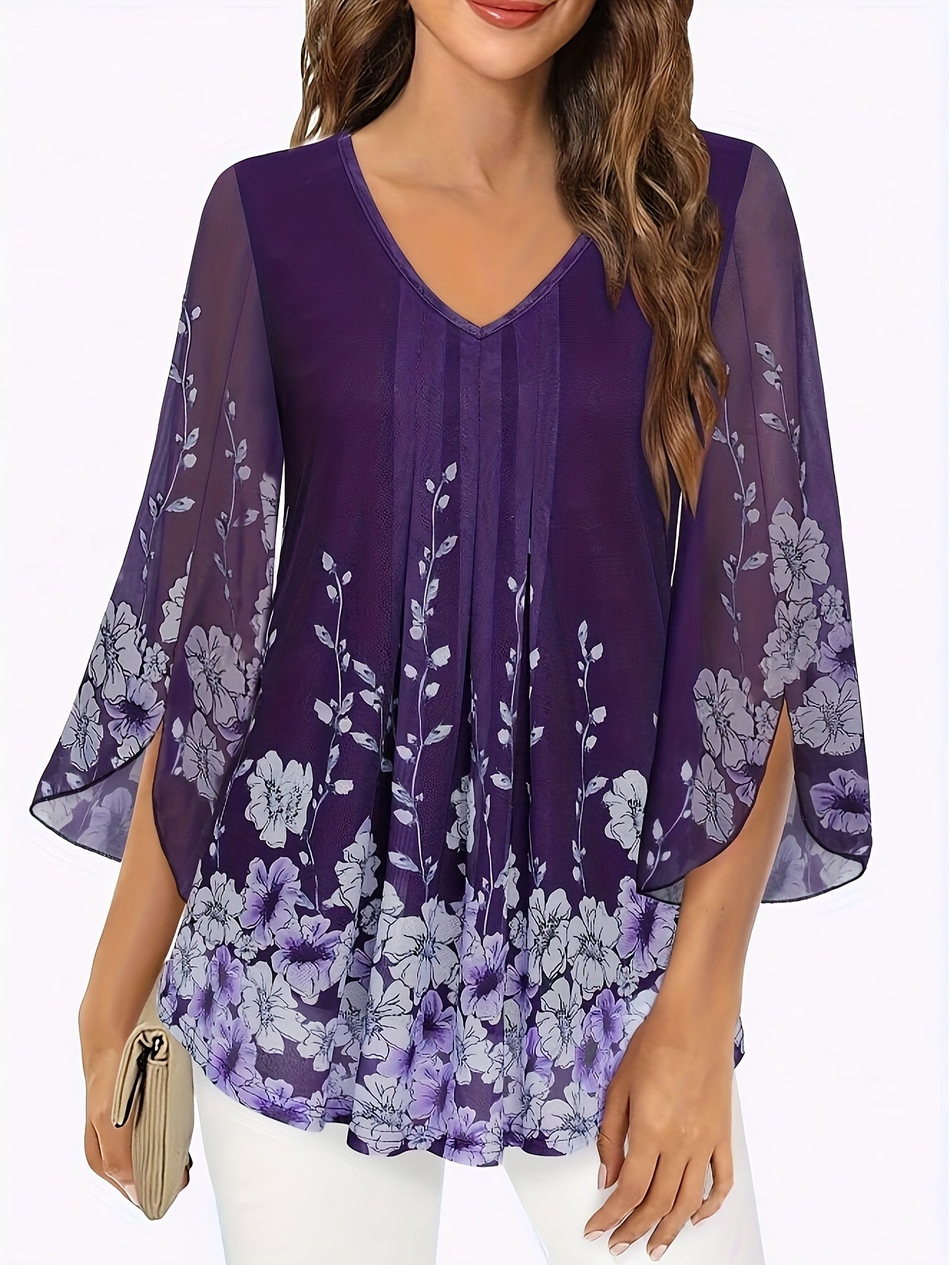 Barbara – Elegant Floral Mesh Blouse with V-Neck