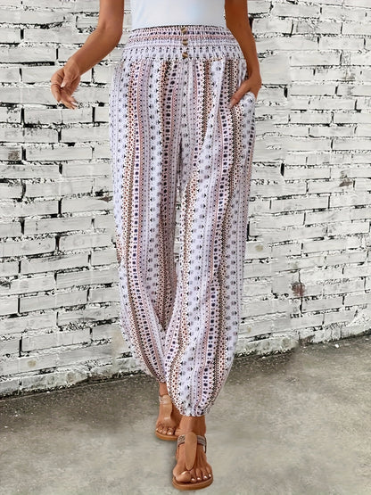 Sophia - High Waist Boho Pants with Tribal Print and Jogger Button Decor for Women