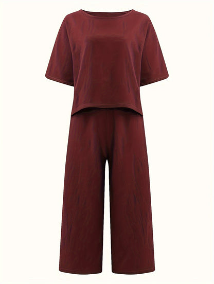 Mary - Casual Outfit Set with Crew Neck Casual T-Shirt and Wide Leg Pants for Women