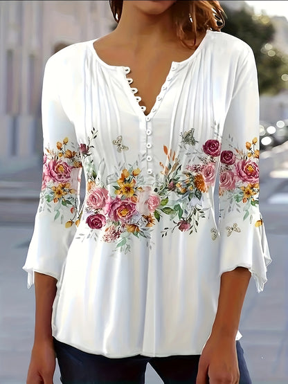 Emily - Elegant Blouse with Floral Print and Notched Neck for Women