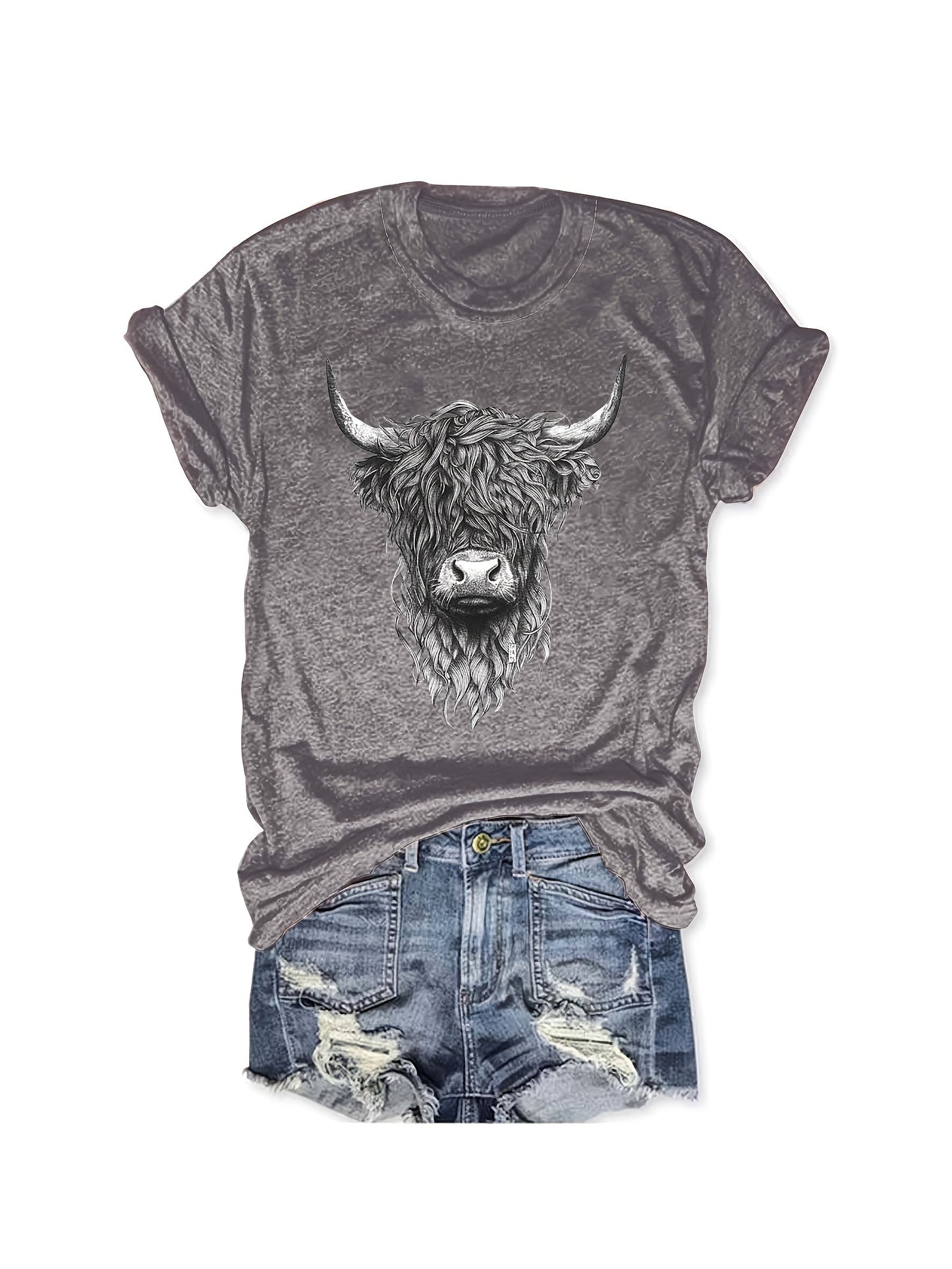 Millie - Cow Head Print T-shirt with Short Sleeve and Crew Neck for Women