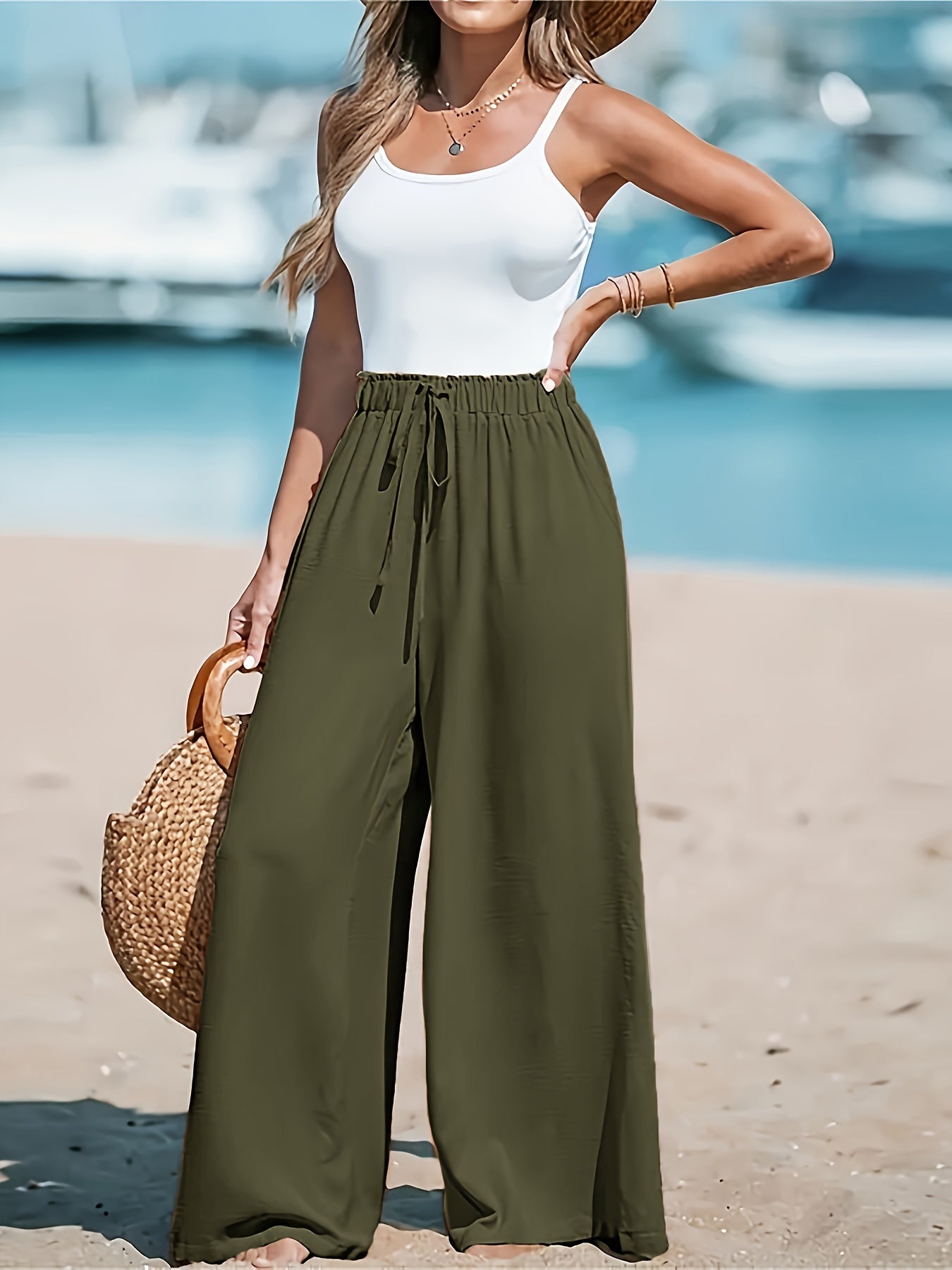 Scarlett - High Waisted Wide Leg Pants with Fake Drawstring for Women