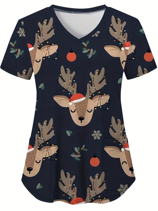 Tara – Cartoon Reindeer V-neck Scrub Top