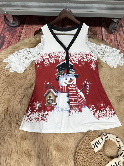 Helen - V Neck T-Shirt with Snowman Print for Women