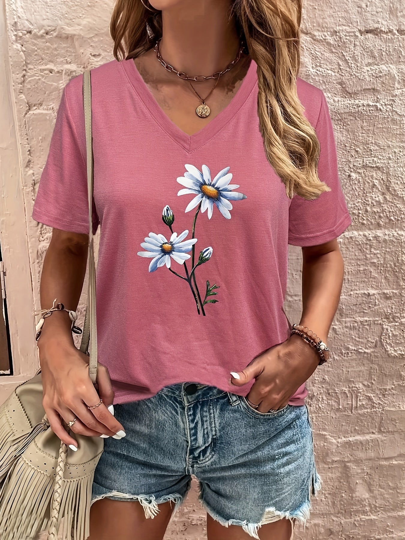 Jasmine – Floral V Neck Short Sleeve T-shirt