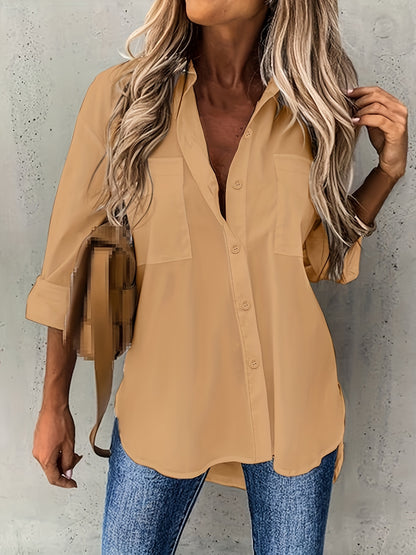 Daniela - Button Front Shirt with Dual Pockets and Long Sleeve for Women