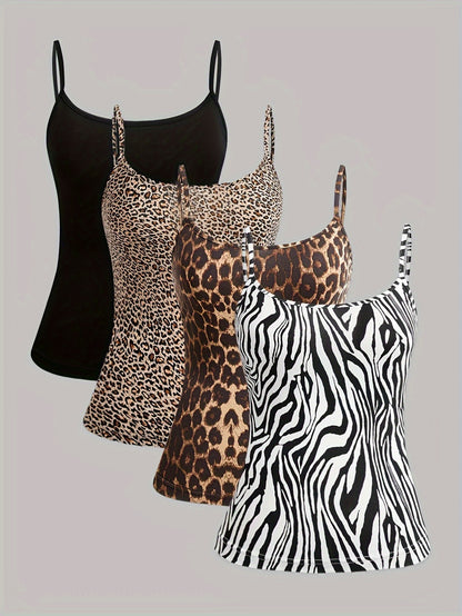 Francenie - 4pcs Spaghetti Strap Top with Leopard and Zebra Stripe Print for Women