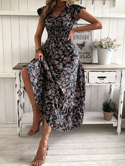 Irene - Elegant Maxi Dress with Floral Print and Shirred Waist for Women