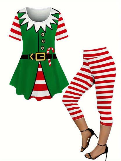 Makayla - Christmas Outfit Set with Striped Print Waistband Suit Dress and High Waist Seven-Part Pants for Women