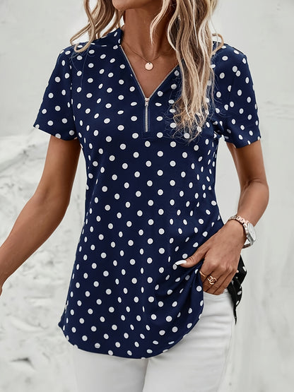 Abigail - Polka Dots Print V Neck Blouse with Zipper Front and Short Sleeve for Women