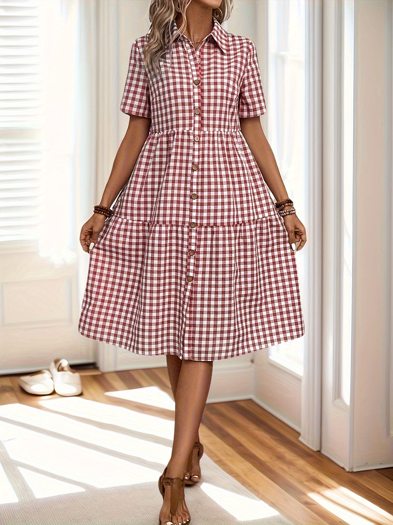 Mildred - Plaid Dress with Button Front and Short Sleeve for Women