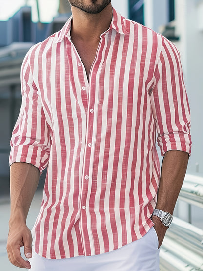 Elijah - Striped Long Sleeve Shirt with Cotton and Linen Blend for Men