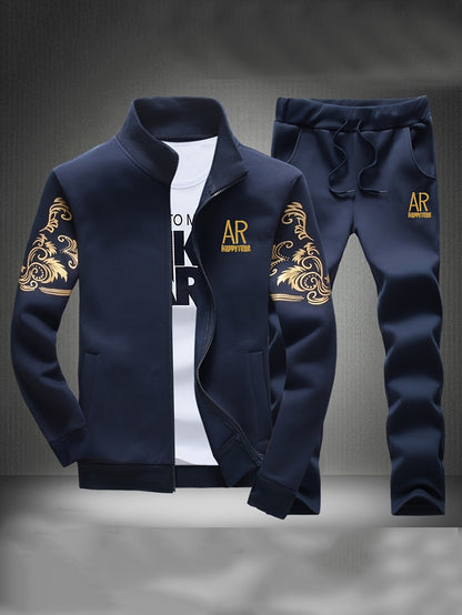 Alexander - 2pcs Sports Outfit Set with Letter Embroidered Long Sleeve Full Zip Up Sweatshirt and Drawstring Sweatpants for Men