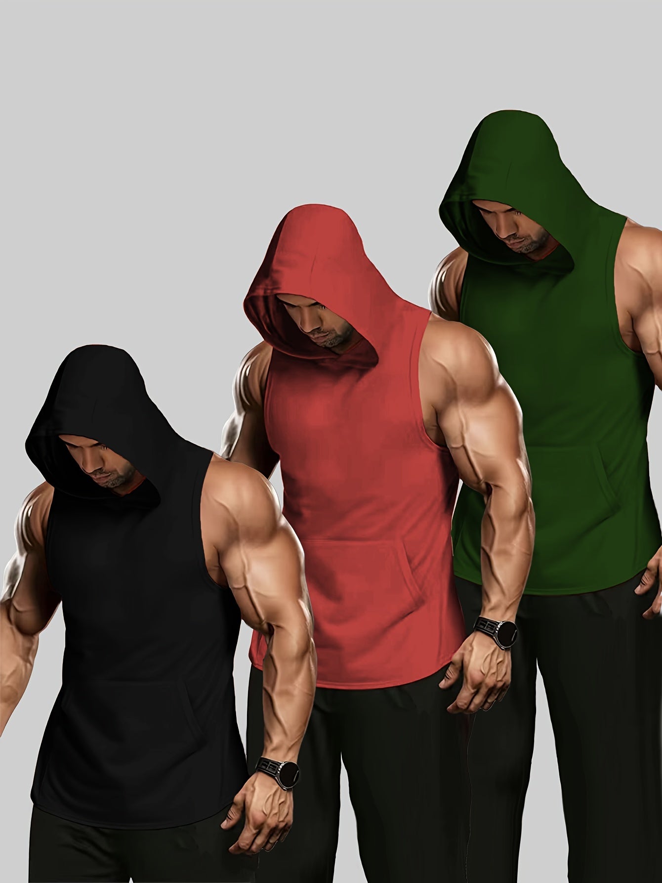 Benny - 3pcs Sleeveless Tanktop Set with Hood for Men