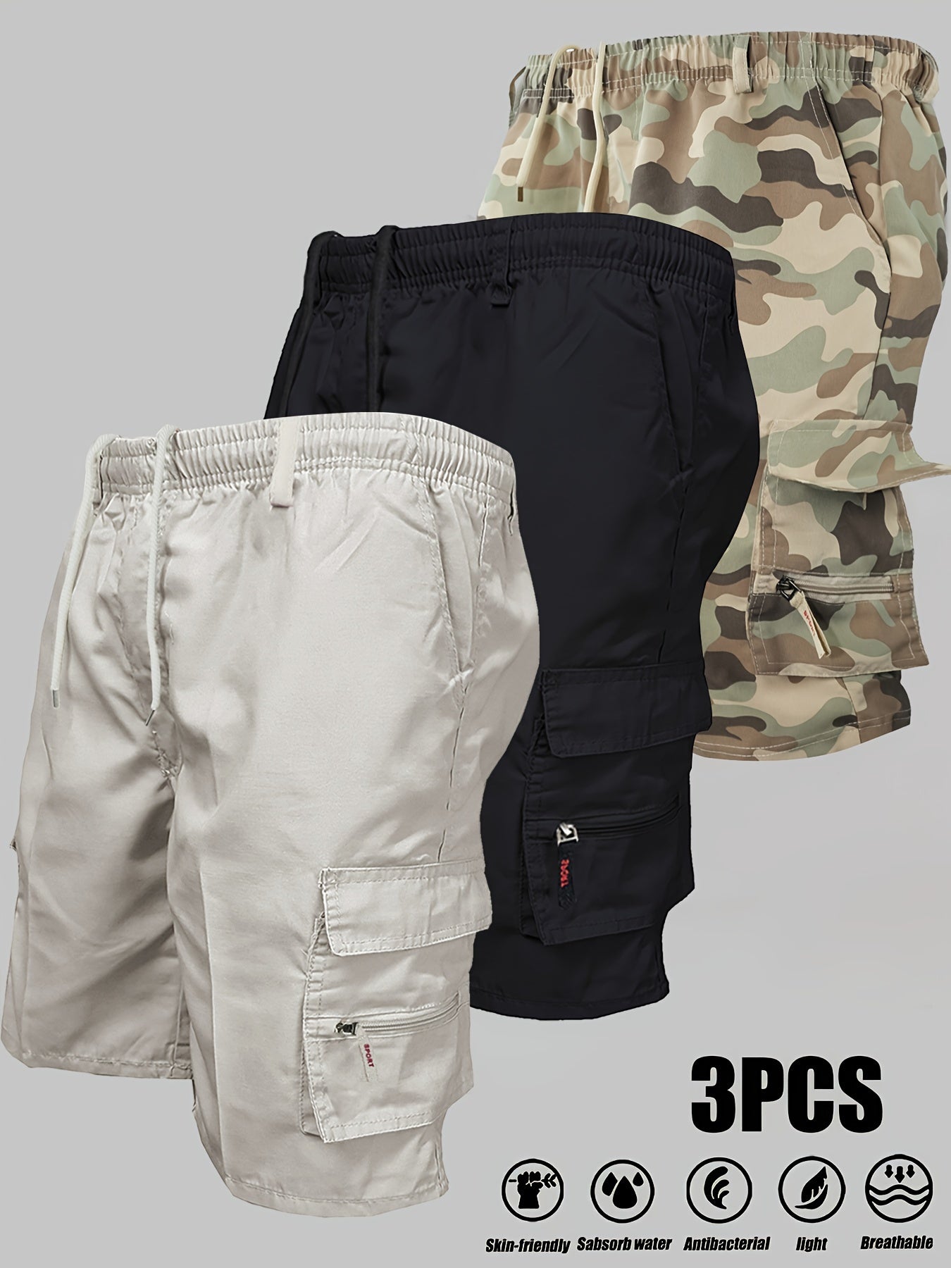 Edward - 3pcs Casual Cargo Shorts with Side Pockets and Loose Fit for Men