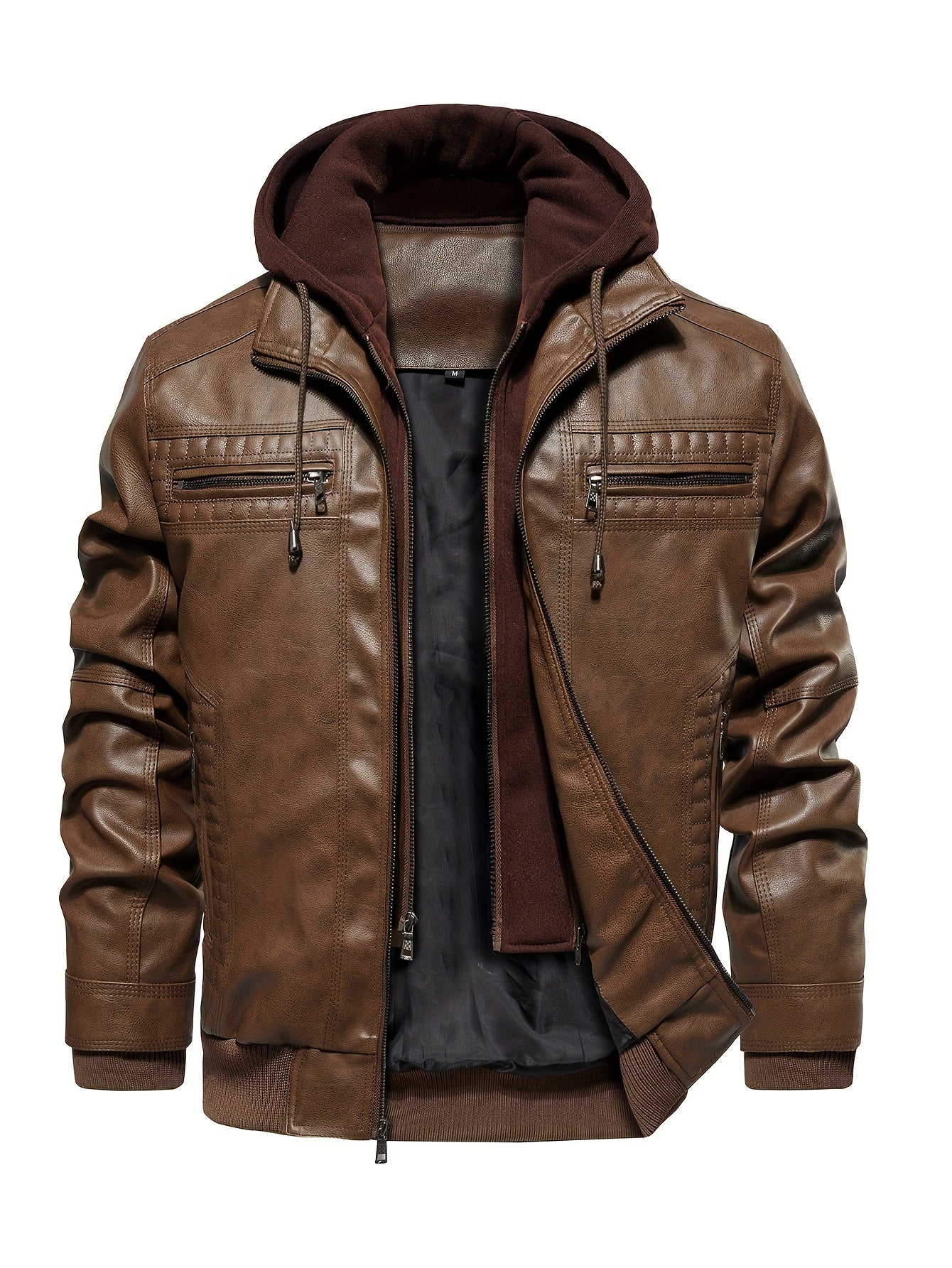 Damon - Casual 2-in-1 PU Leather Jacket with Zipper Up and Detachable Hood for Men