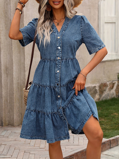 George - Elegant Denim Dress with Tiered Layered Hem for Women