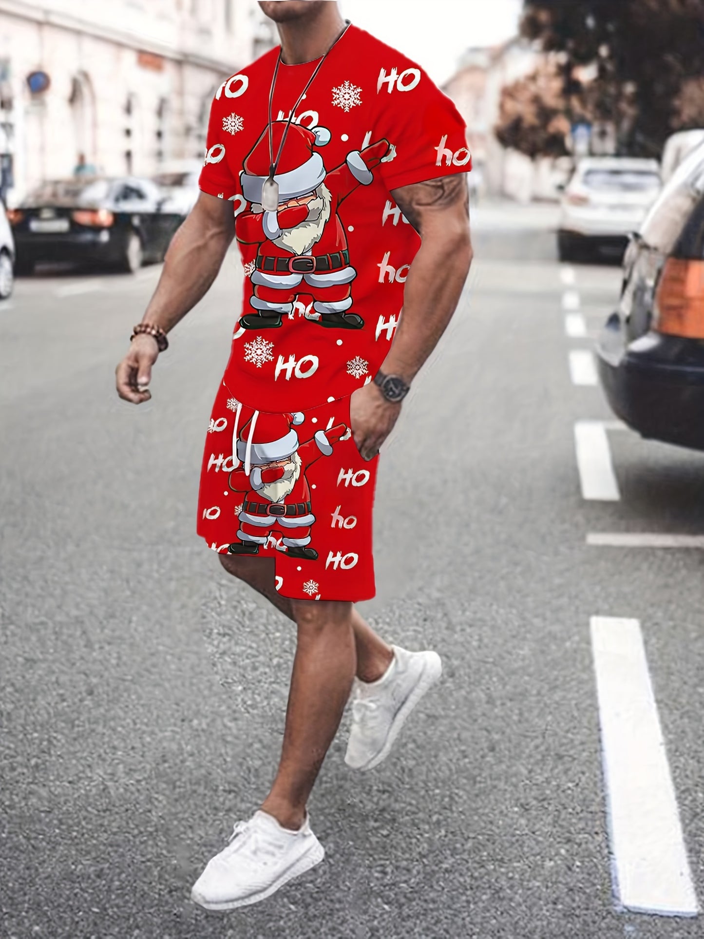 Samuel - Outfit Set with Casual Santa Claus Printed Polyester T-Shirt And Shorts for Men