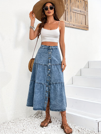 Edith - Midi Denim Skirt with Tiered Layered Ruffle and Split Front for Women