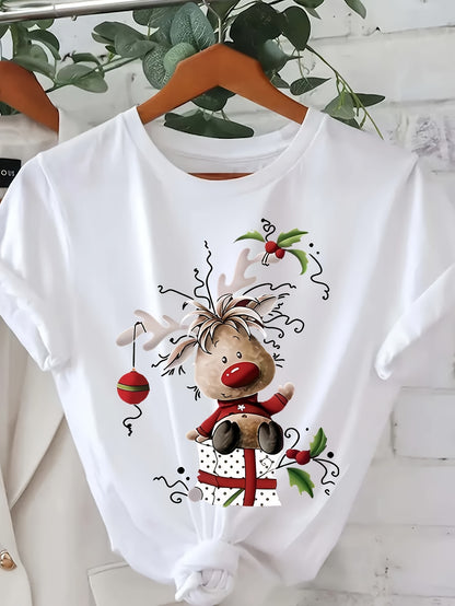 Zoe - Casual T-Shirt with Festive Christmas Reindeer Graphic Print for Women