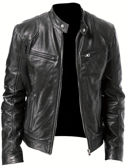 Samuel - Leather Jacket with Zipper and Small Stand Collar for Men