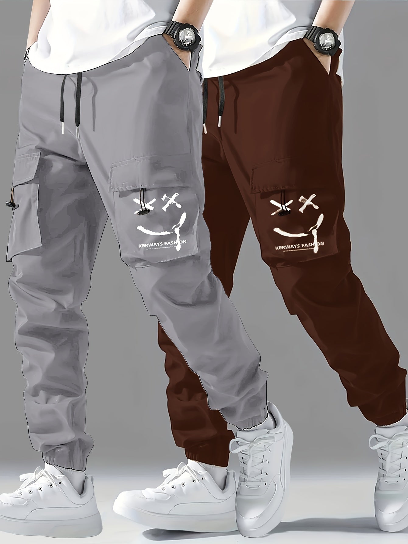 Glenn - 2pcs Stylish Cargo Pants with Smiling Face Print and Multi-Pockets for Men