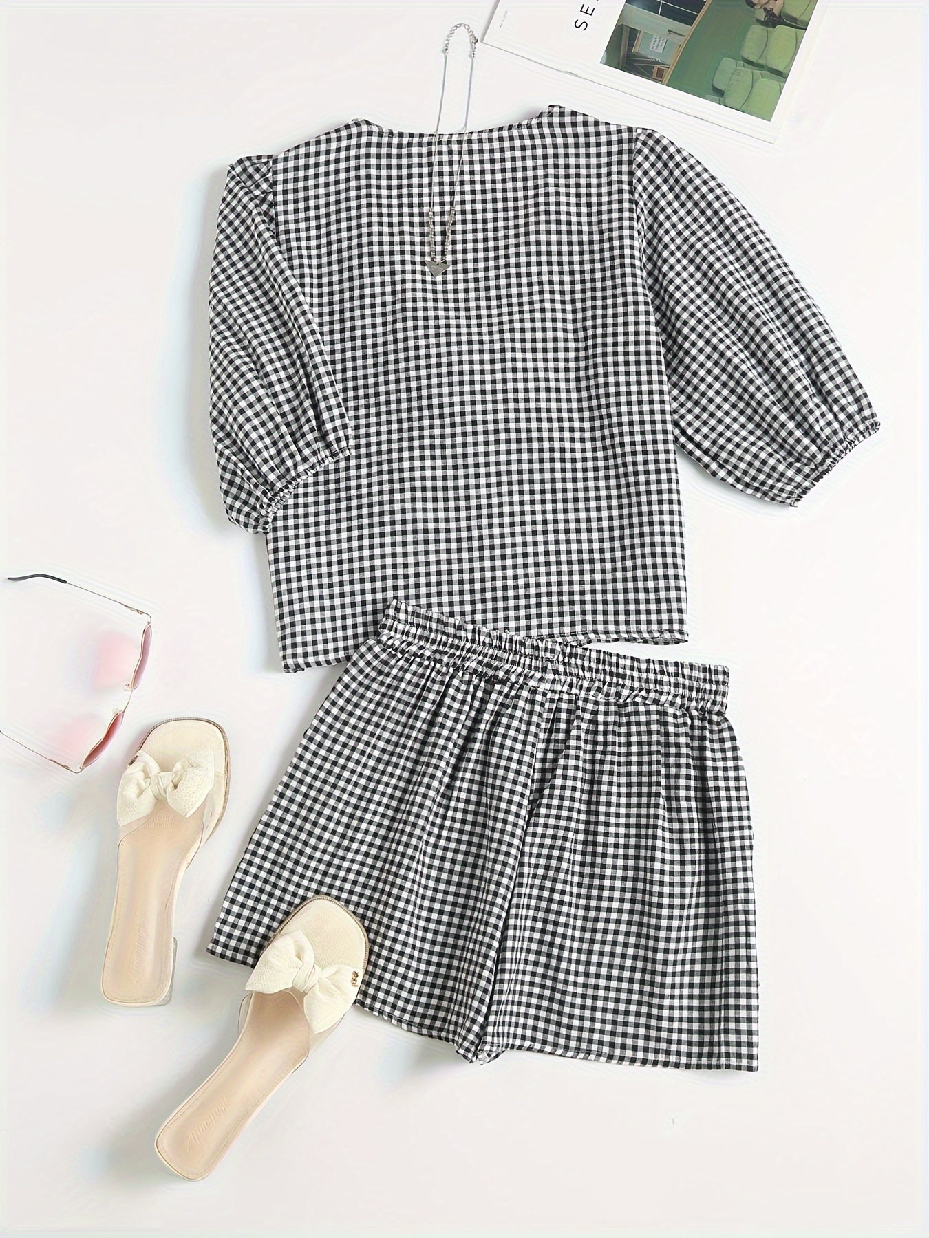 Victoria - Gingham Outfit Set with Tie Front Shirt and Elastic Waist Shorts for Women