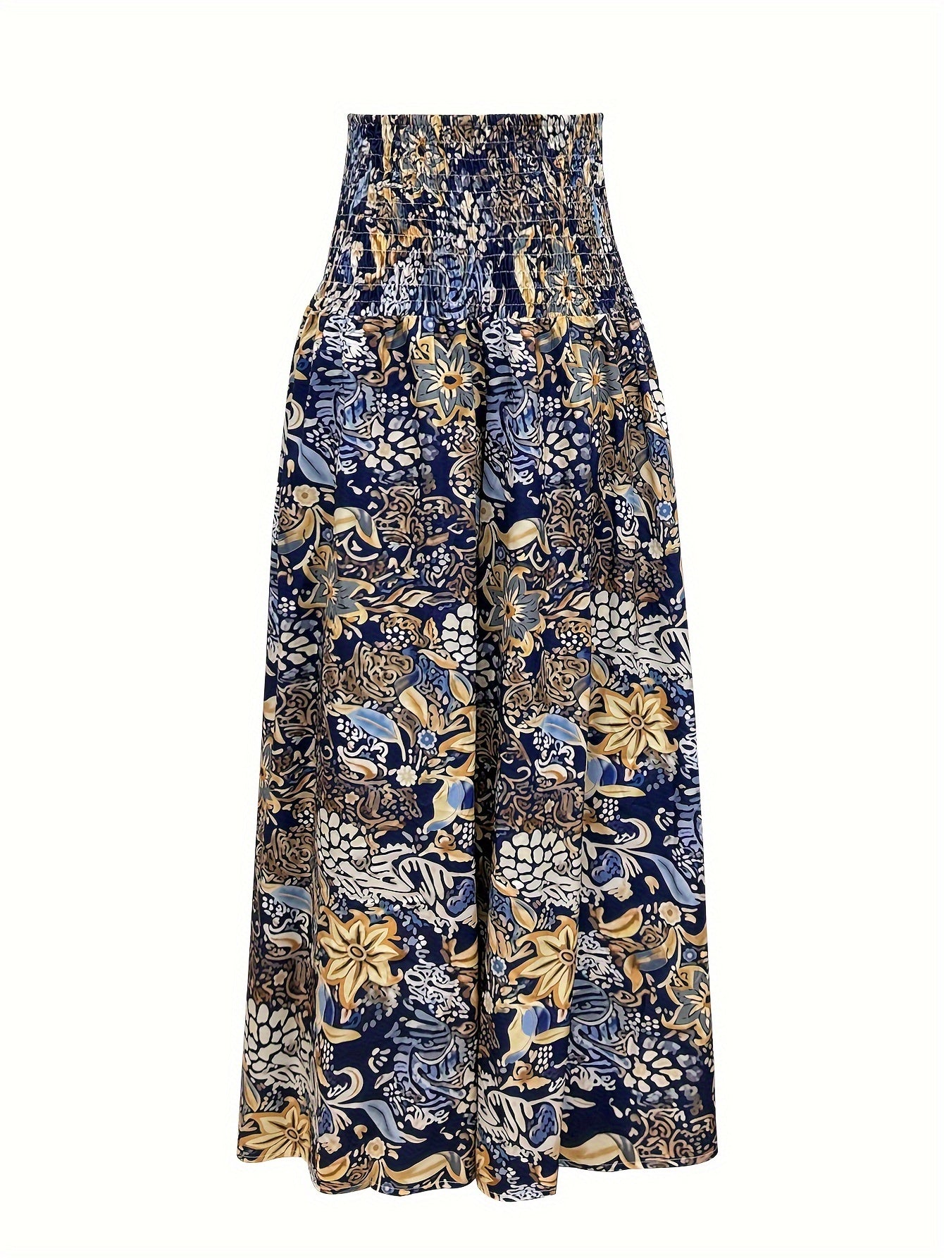 Emily - Shirred Waist Boho Pants with Floral Print and High Waist for Women