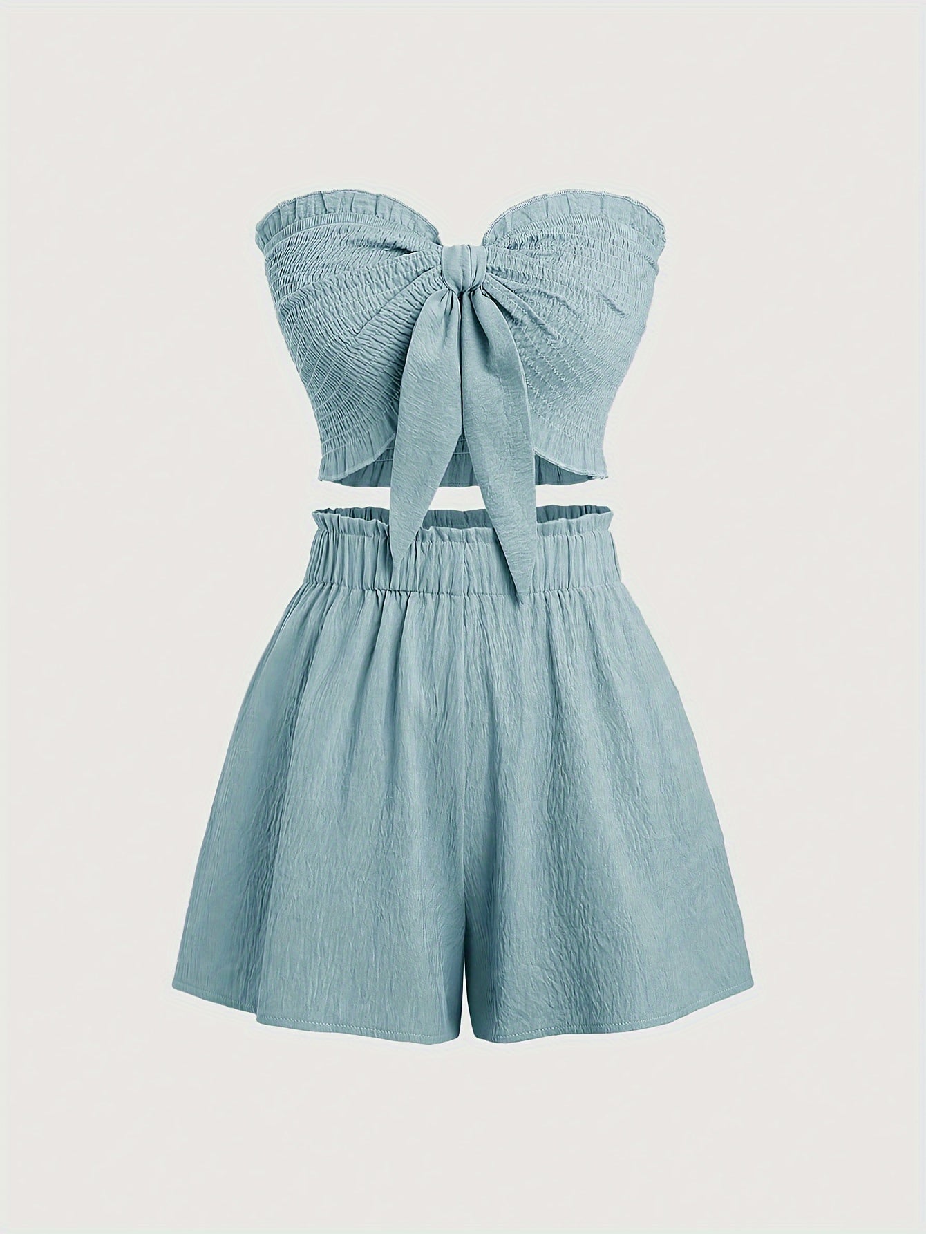 Calliope - Chic Outfit Set with Textured Backless Shirred Crop Knot Front Strapless Top and Paper Bag Waist Tucked Shorts for Women