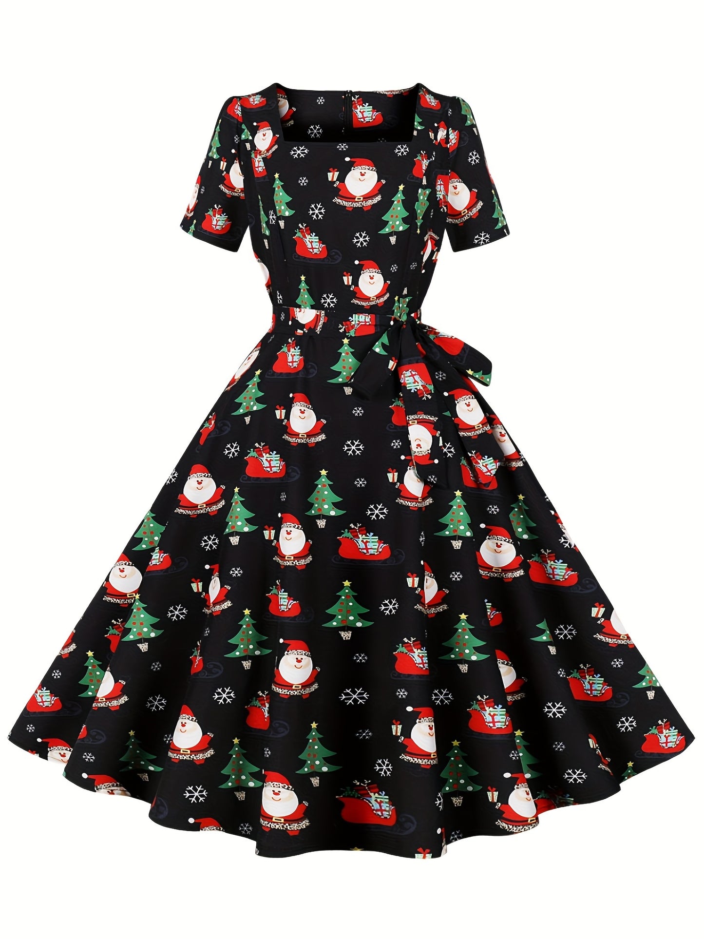 Freya - Vintage A Line Dress with Christmas Santa Print and Squared Neck for Women