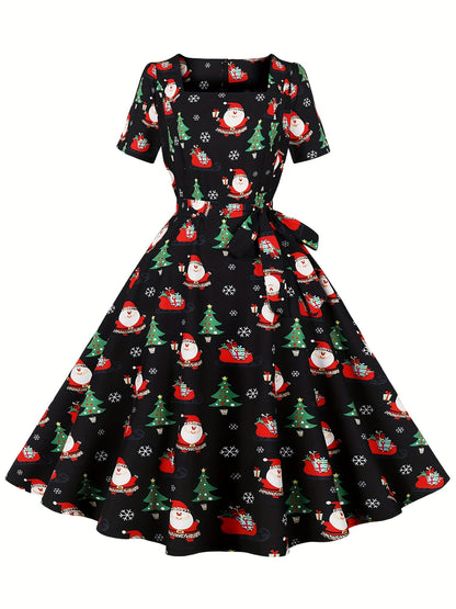 Freya - Vintage A Line Dress with Christmas Santa Print and Squared Neck for Women