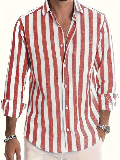 Andrew - Contrast Color Striped Long Sleeve Shirt with Button Up and Single-breasted for Men