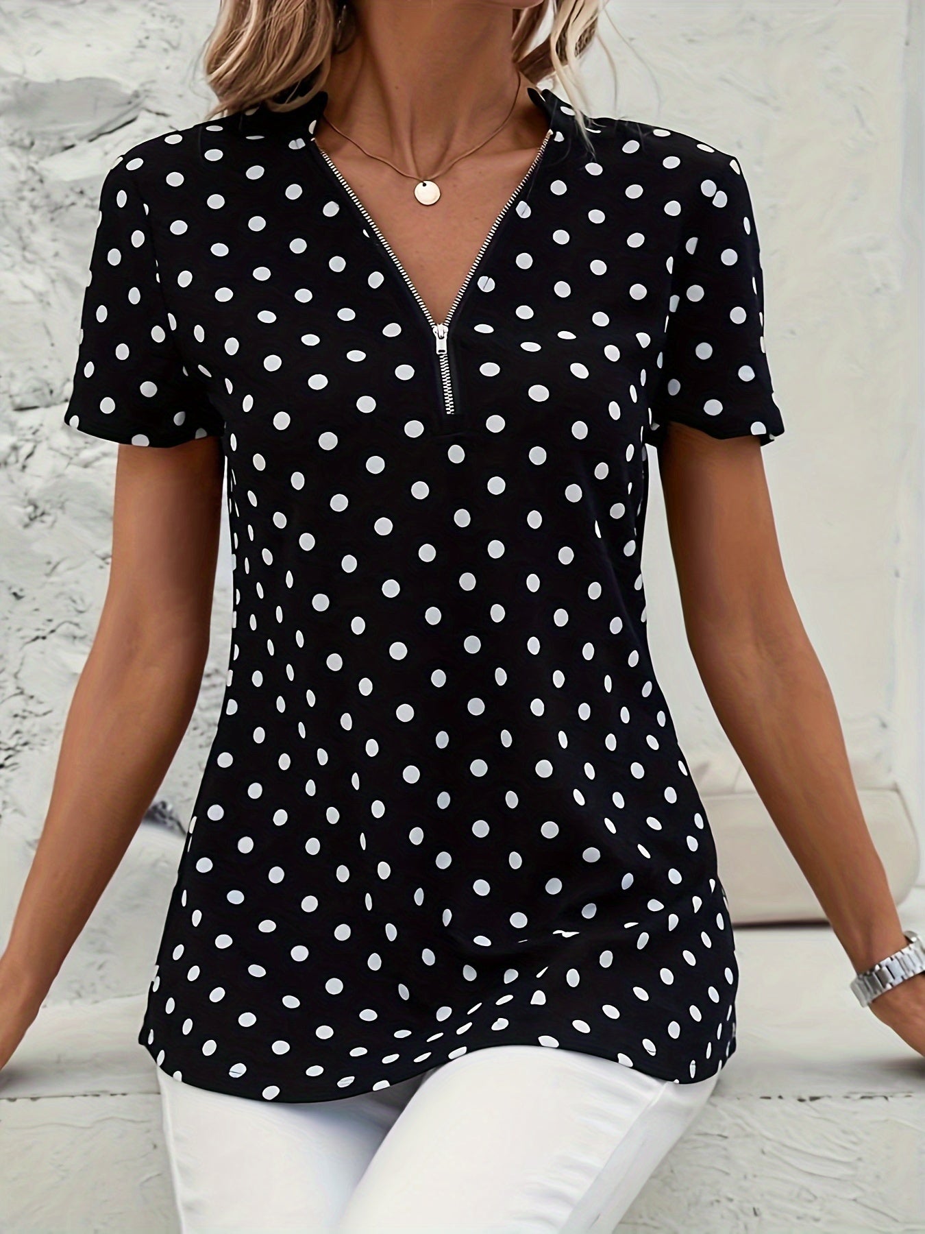 Abigail - Polka Dots Print V Neck Blouse with Zipper Front and Short Sleeve for Women