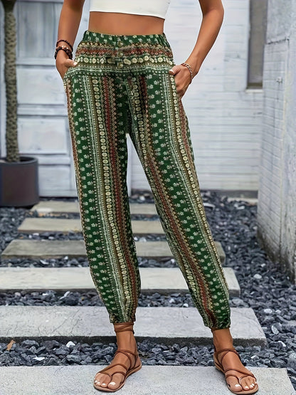 Sophia - High Waist Boho Pants with Tribal Print and Jogger Button Decor for Women