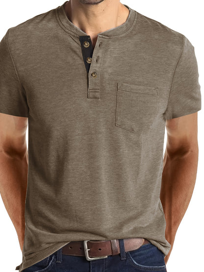 Leonard - Casual Henley Shirt with Breasted Pocket and Contrast Color Placket for Men