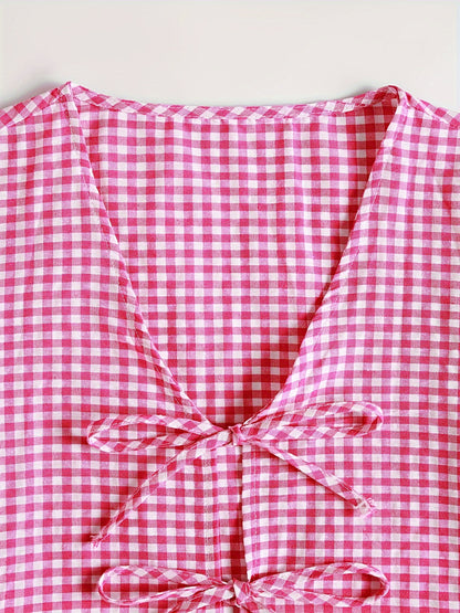 Victoria - Gingham Outfit Set with Tie Front Shirt and Elastic Waist Shorts for Women