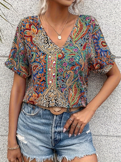 Addison - Vintage Blouse with Paisley Print and V-neck for Women